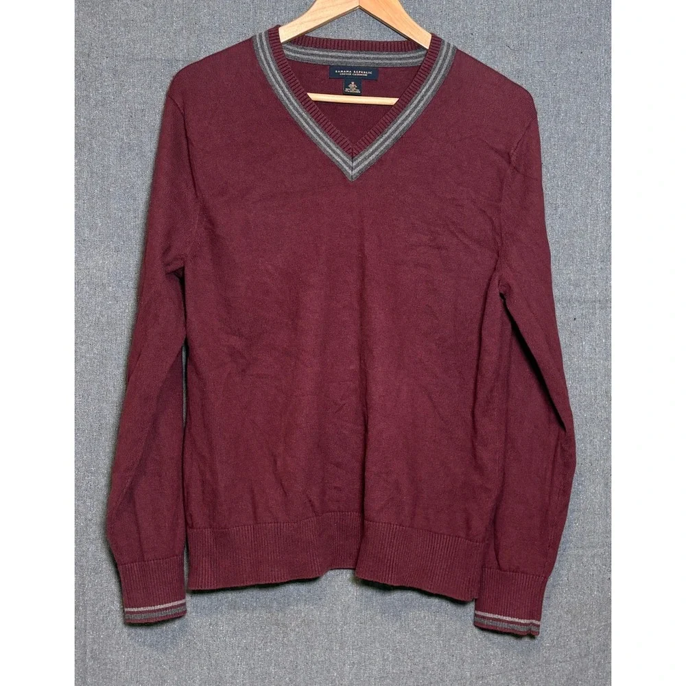Banana Republic‎ Mens V-Neck Sweater Burgundy Cotton Cashmere Striped Trim Sz M